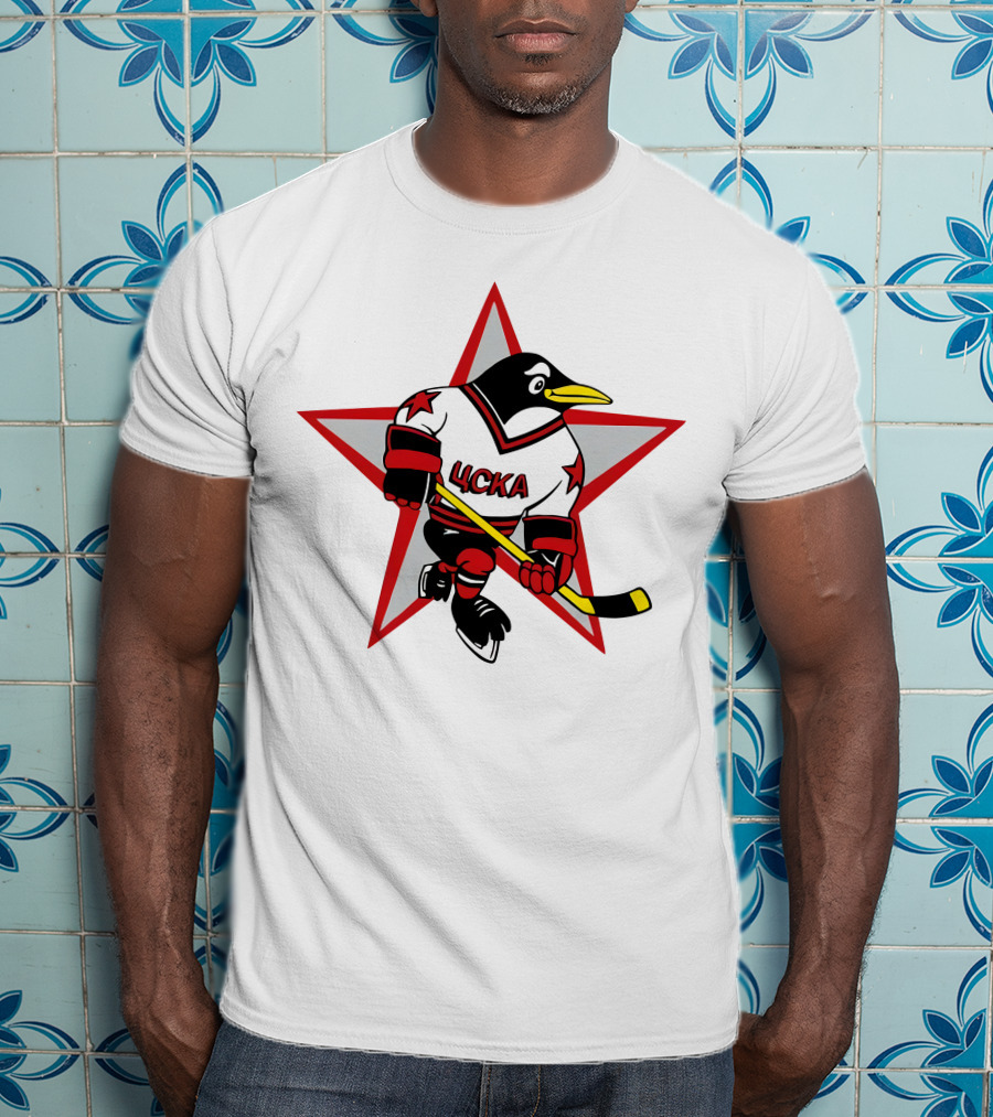 Цска Penguin Hockey Player With Red Star Ice Hockey Theme T-Shirt
