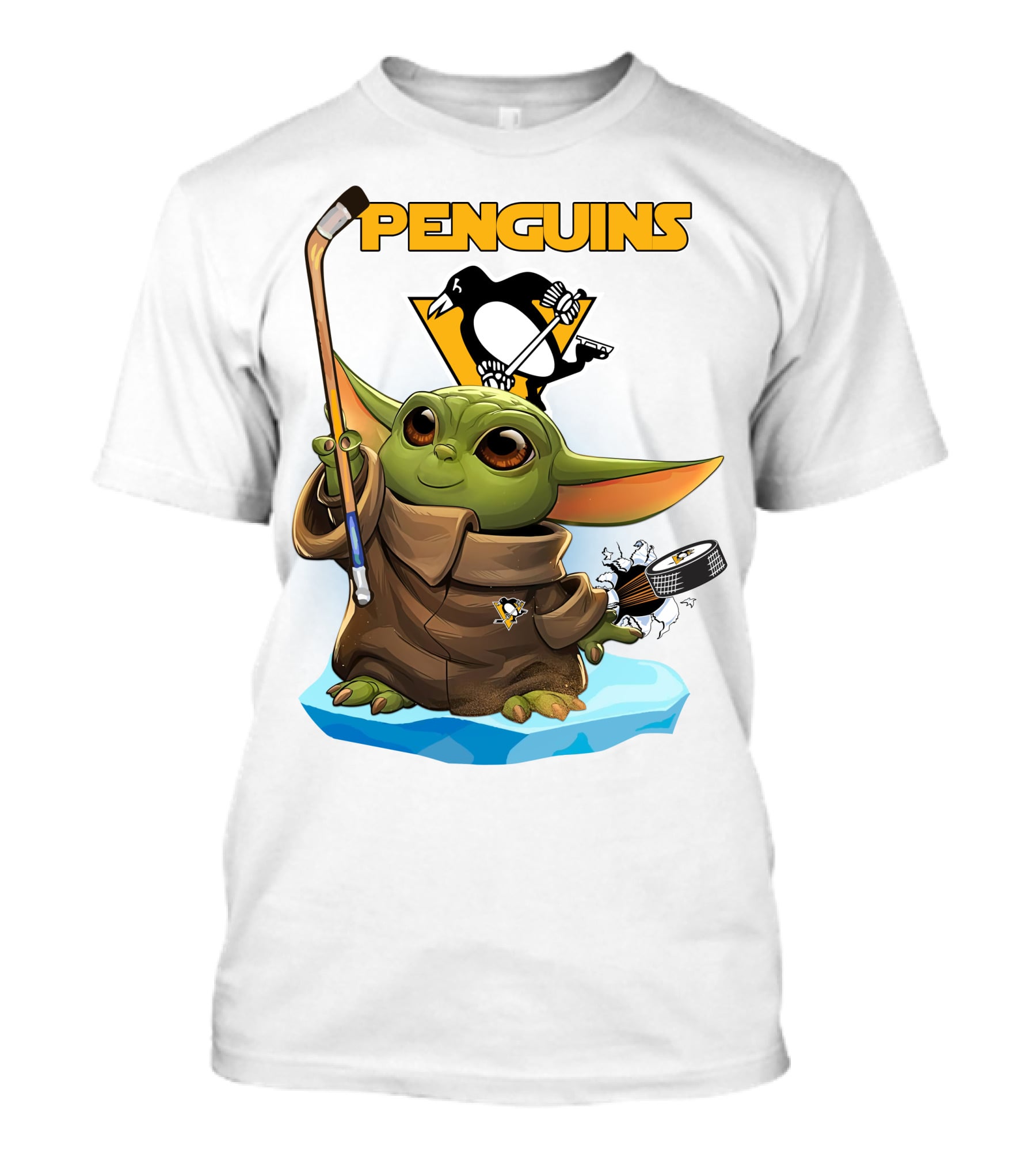 Baby Yoda Penguins Puck And Hockey Stick With Pittsburgh Penguins T-Shirt