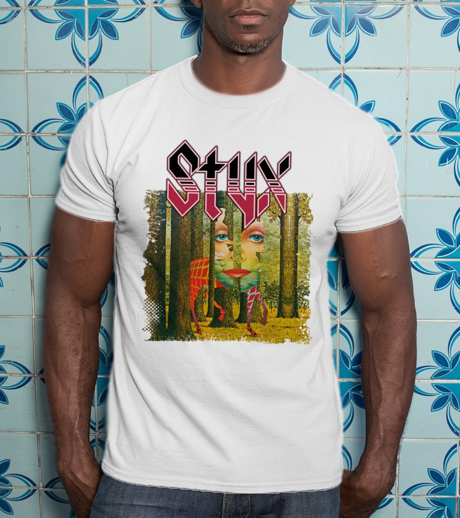 Styx Forest Face With Stylized Red Typography T-Shirt