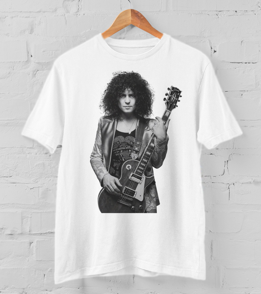 Marc Bolan With Gibson Les Paul Guitar Iconic Black And White T-Shirt