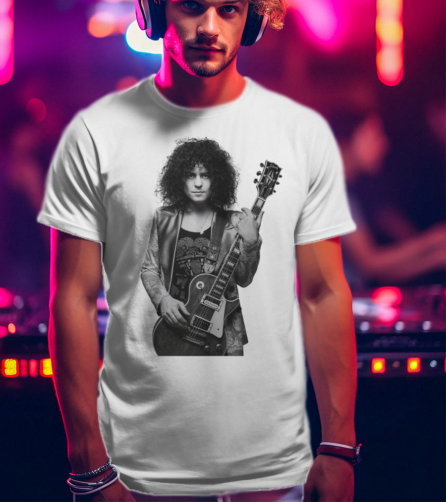 Marc Bolan With Gibson Les Paul Guitar Iconic Black And White T-Shirt
