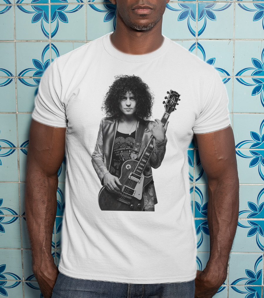 Marc Bolan With Gibson Les Paul Guitar Iconic Black And White T-Shirt
