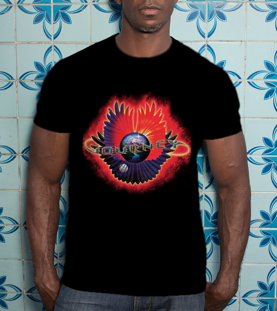 Journey Band Logo With Planet And Red-Blue Wings T-Shirt