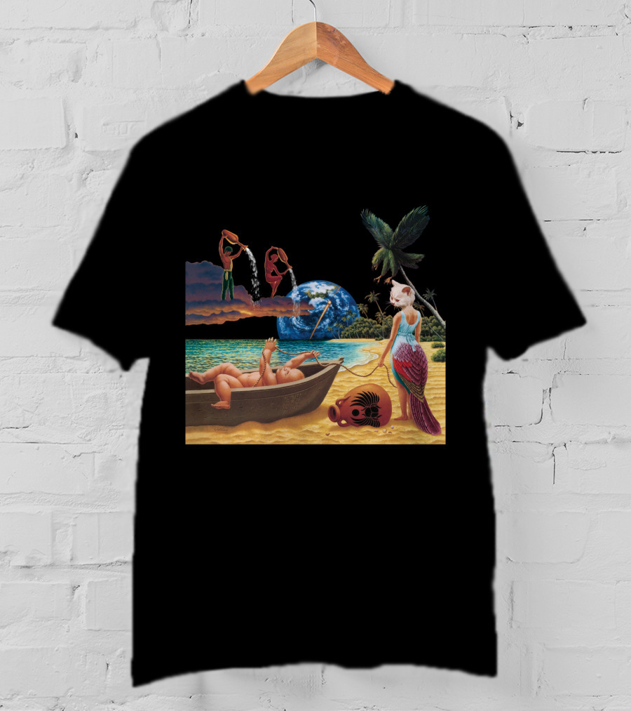 Cosmic Beach Scene With Mermaid And Planet Earth T-Shirt