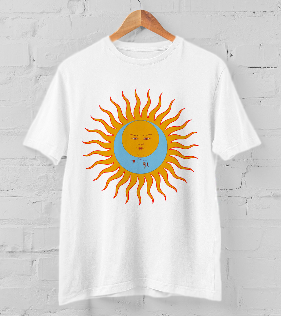 Crimson Red Sun Face Icon On Blue And Orange T-Shirt