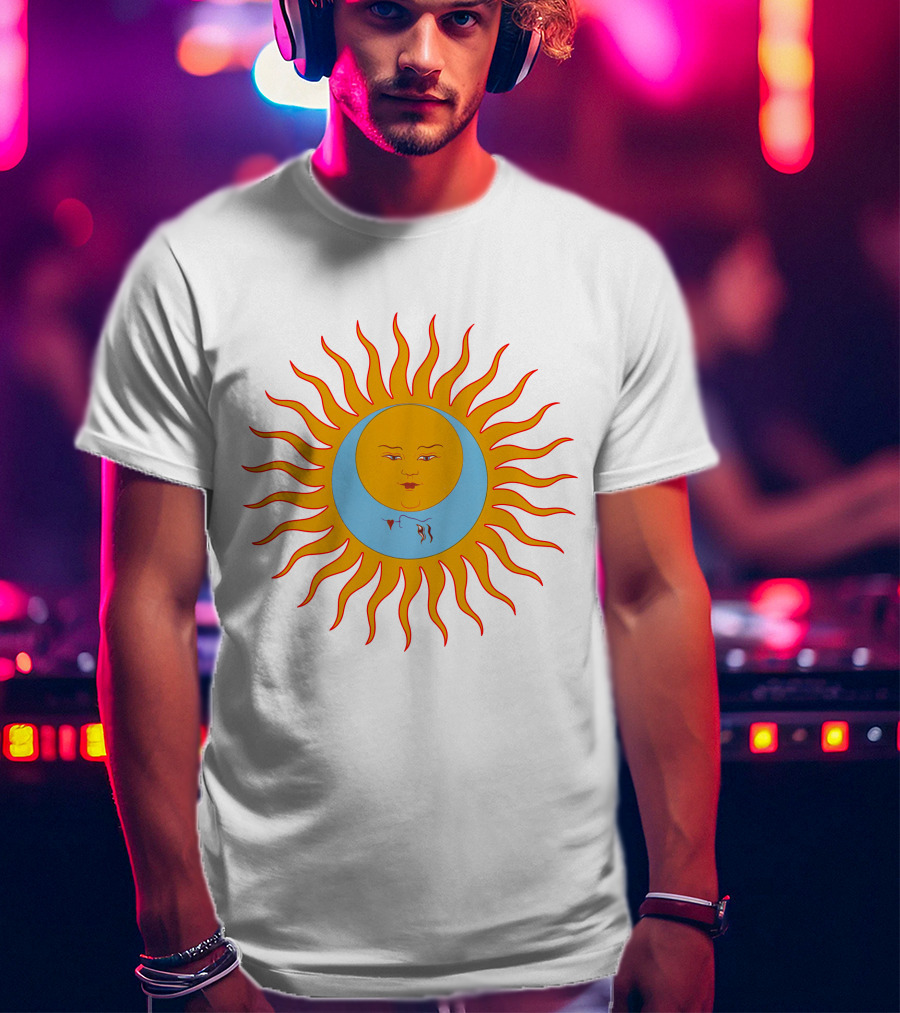 Crimson Red Sun Face Icon On Blue And Orange T-Shirt