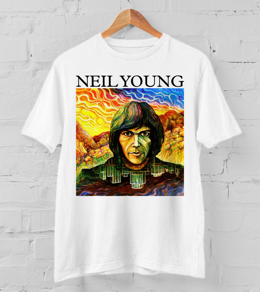 Neil Young Vibrant Portrait And Cityscape Fusion T-Shirt