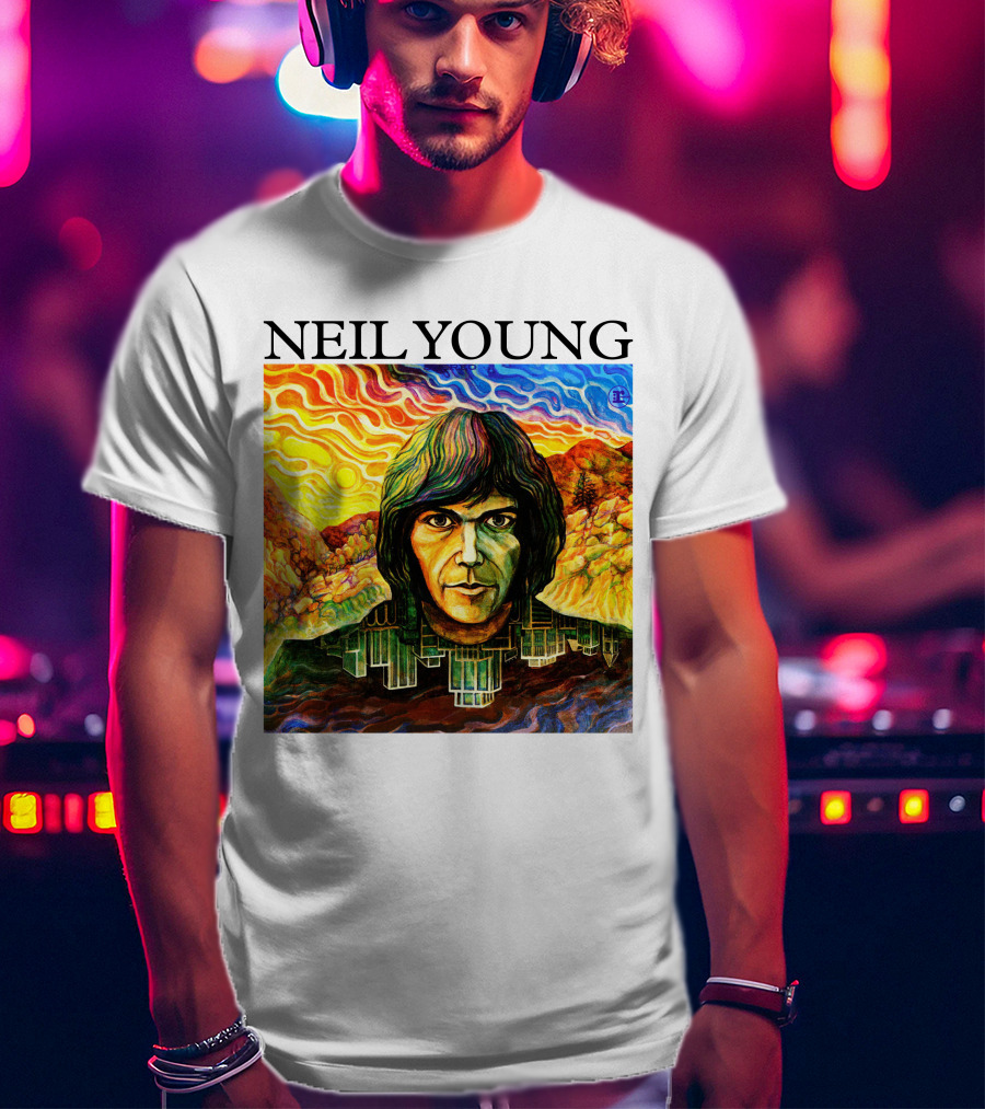 Neil Young Vibrant Portrait And Cityscape Fusion T-Shirt
