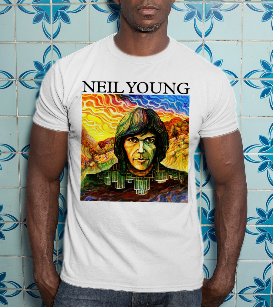 Neil Young Vibrant Portrait And Cityscape Fusion T-Shirt