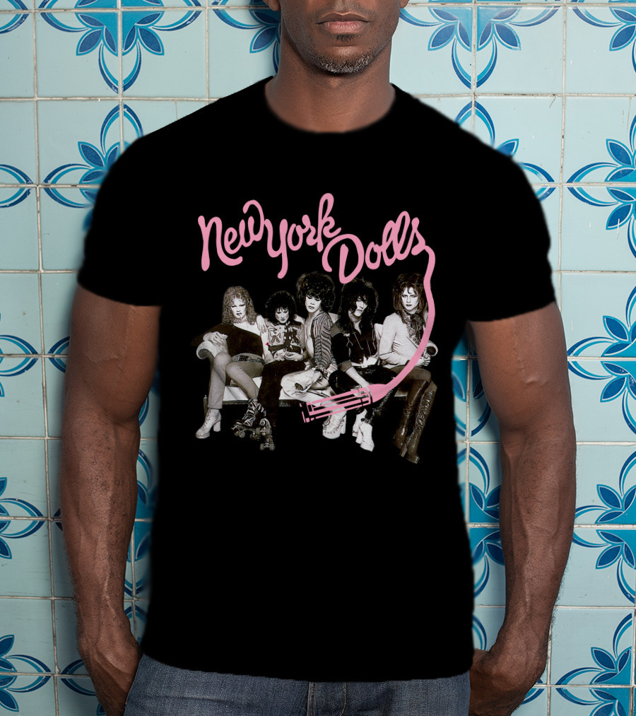 New York Dolls Band Pink Logo And Group Photo T-Shirt