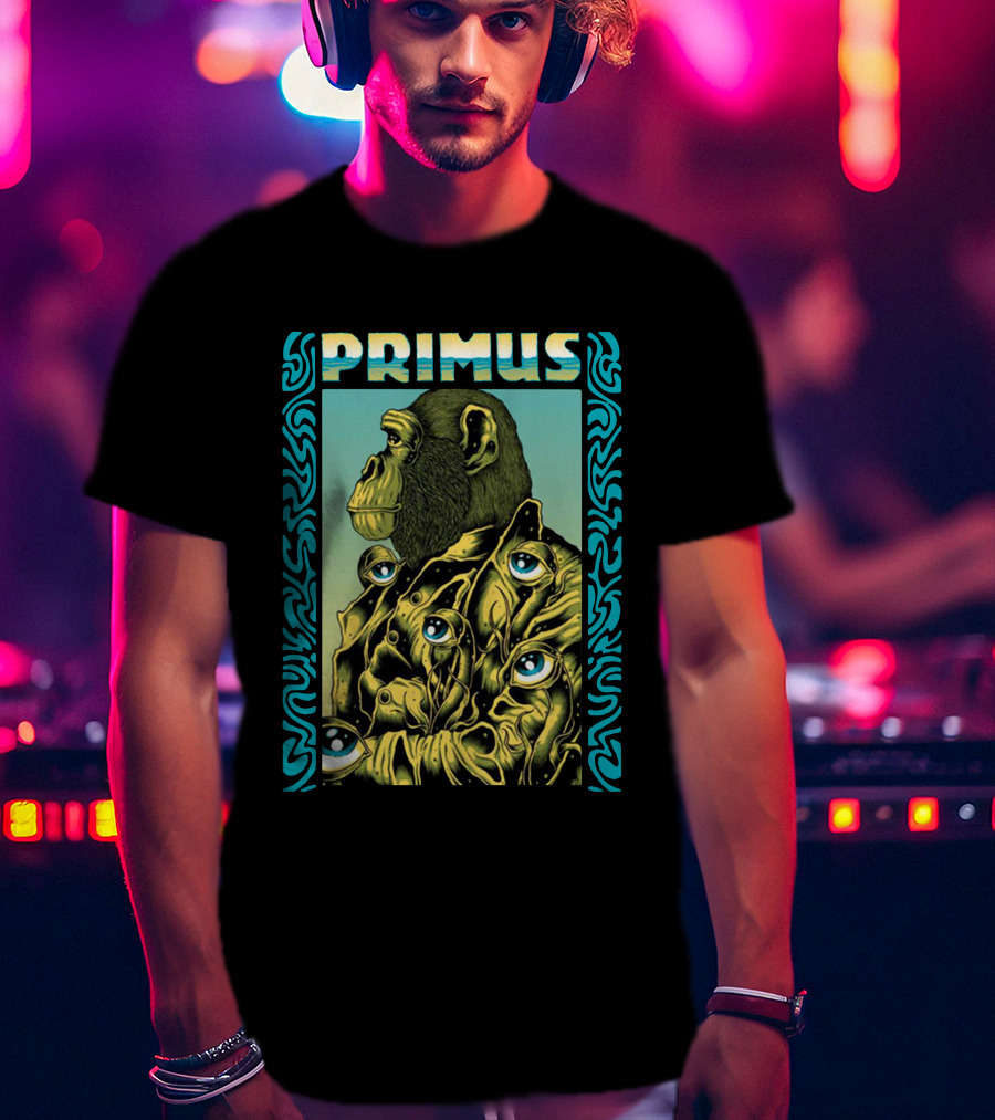 Primus Surrealist Monkey With Eyes And Tribal Border T-Shirt