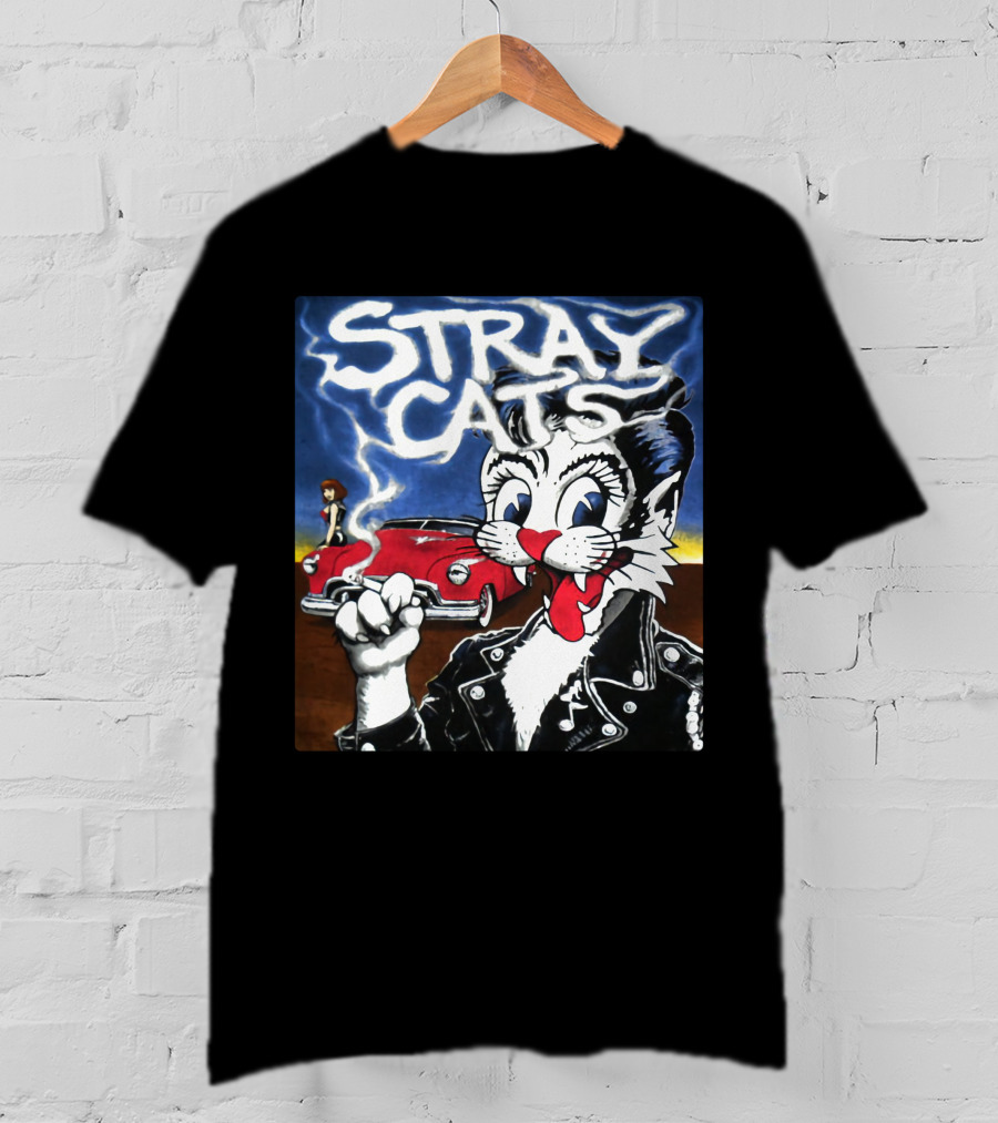 Stray Cats Rockabilly Cat And Classic Car Scene T-Shirt