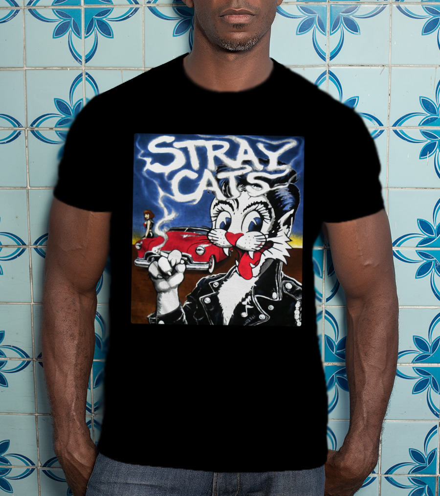 Stray Cats Rockabilly Cat And Classic Car Scene T-Shirt