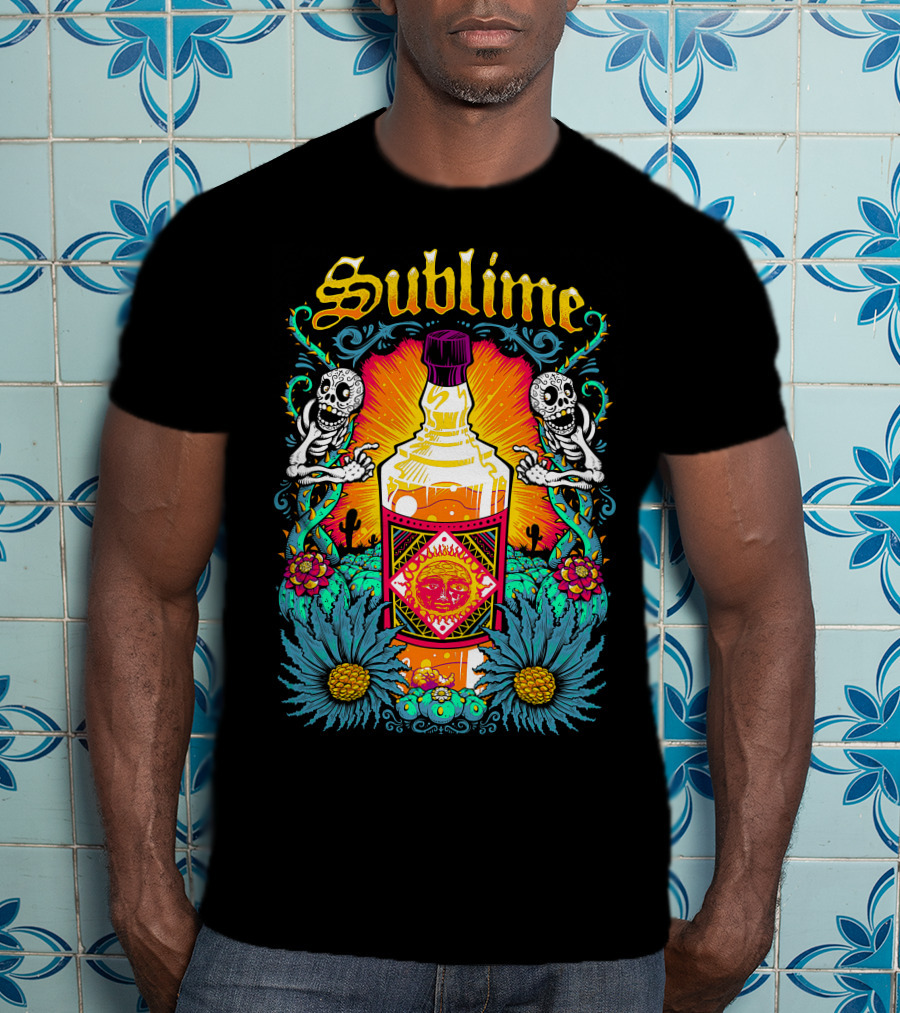 Sublime Skeletons And Cactus With Bottle Sunburst T-Shirt