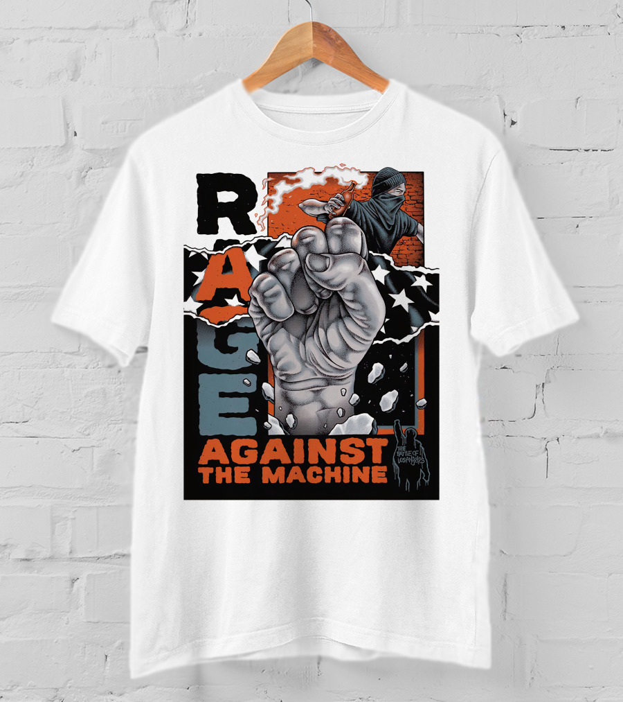 Rage Against The Machine Fist With Star Pattern And Hooded Figure T-Shirt