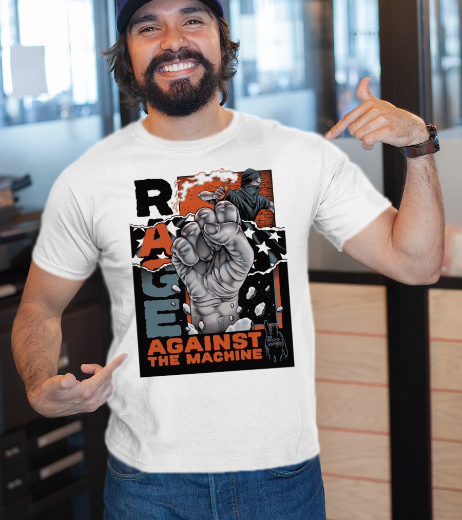 Rage Against The Machine Fist With Star Pattern And Hooded Figure T-Shirt
