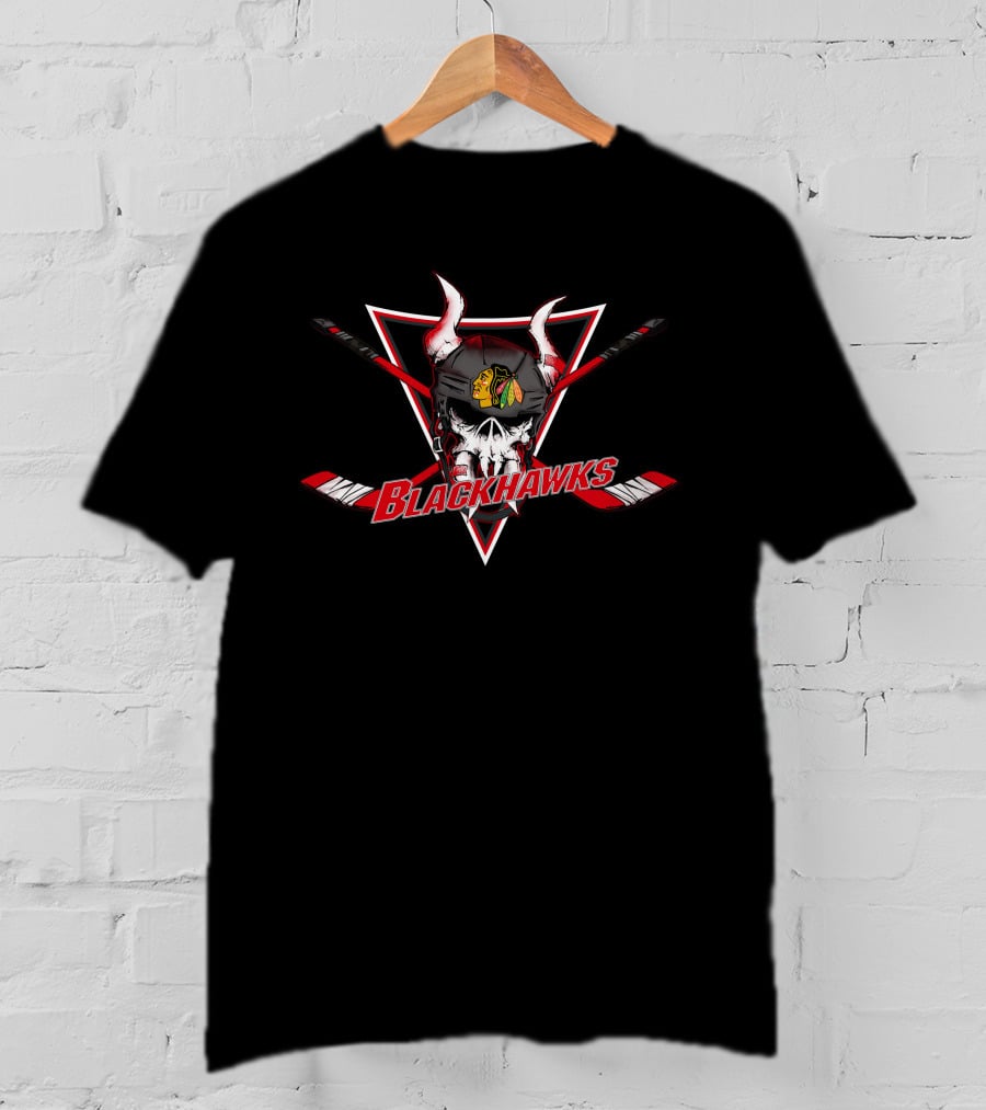 Chicago Blackhawks Skull Helmet With Crossed Hockey Sticks T-Shirt