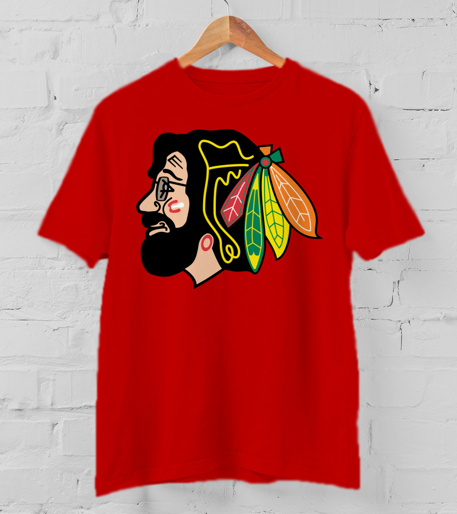 Chicago Blackhawks 1 Portrait With Feathered Headdress On Red T-Shirt