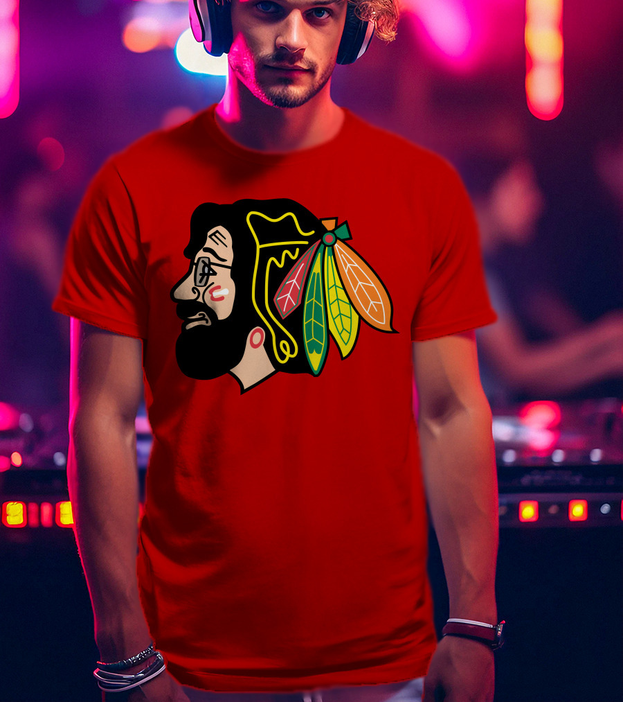 Chicago Blackhawks 1 Portrait With Feathered Headdress On Red T-Shirt