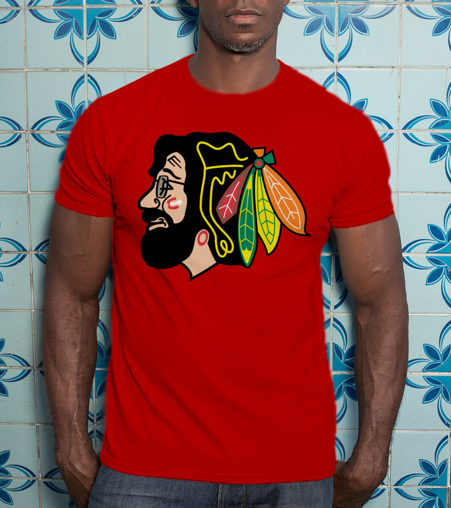 Chicago Blackhawks 1 Portrait With Feathered Headdress On Red T-Shirt