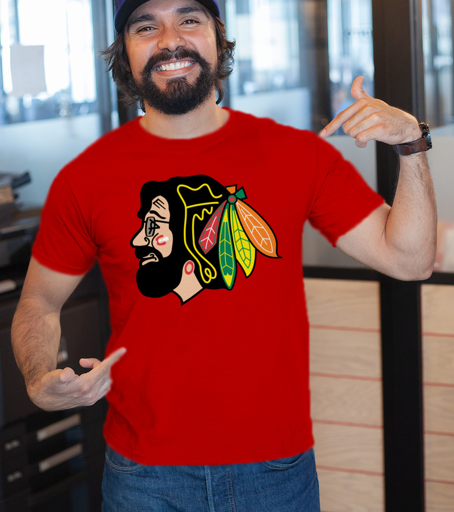 Chicago Blackhawks 1 Portrait With Feathered Headdress On Red T-Shirt