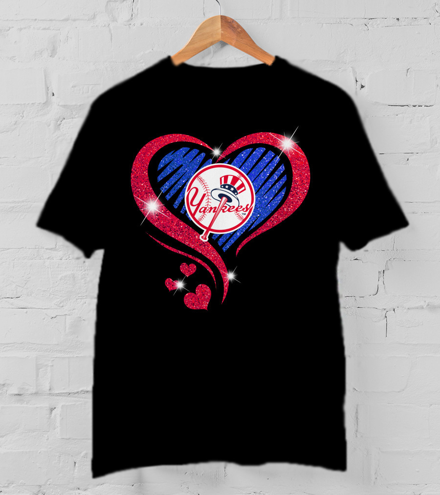 Yankees Shimmering Heart Design With Baseball Logo And Sparkling Red And Blue Elements T-Shirt