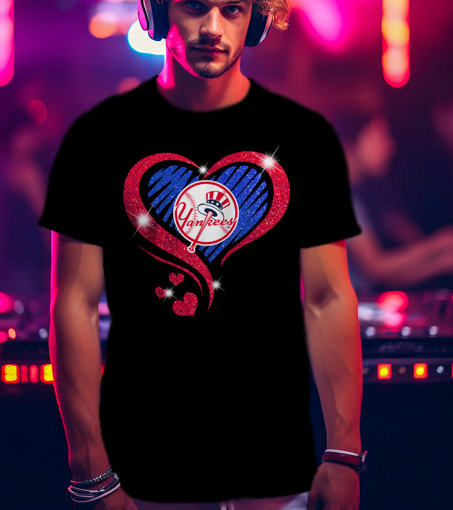 Yankees Shimmering Heart Design With Baseball Logo And Sparkling Red And Blue Elements T-Shirt