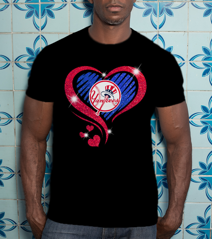 Yankees Shimmering Heart Design With Baseball Logo And Sparkling Red And Blue Elements T-Shirt
