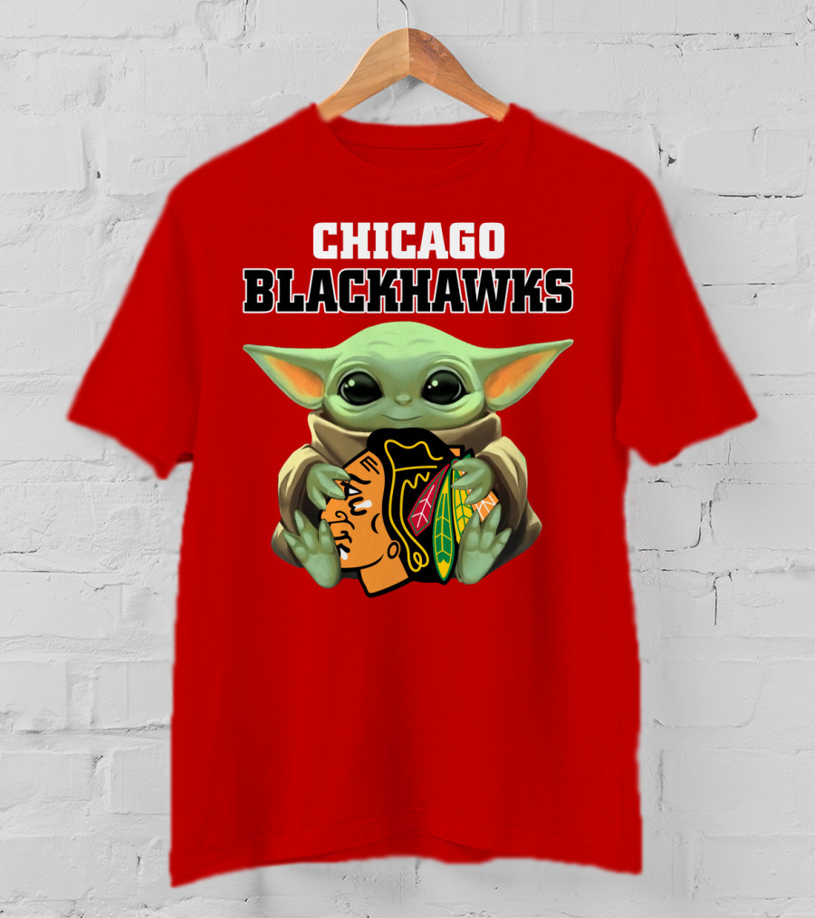 Chicago Blackhawks Baby Yoda Hugging Team T-Shirt