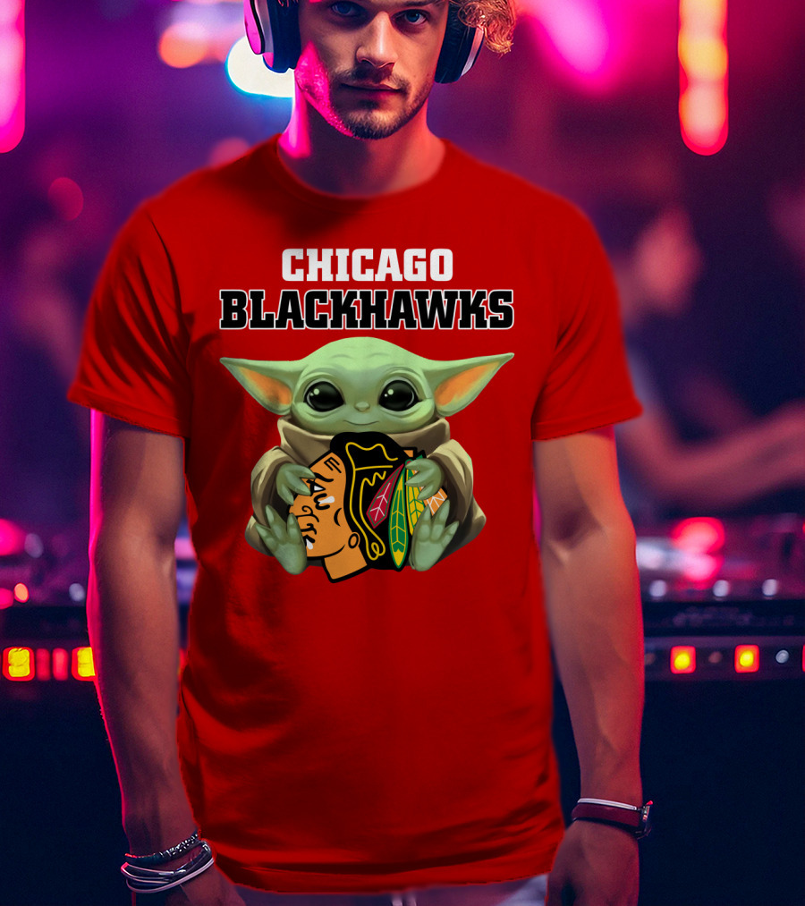 Chicago Blackhawks Baby Yoda Hugging Team T-Shirt