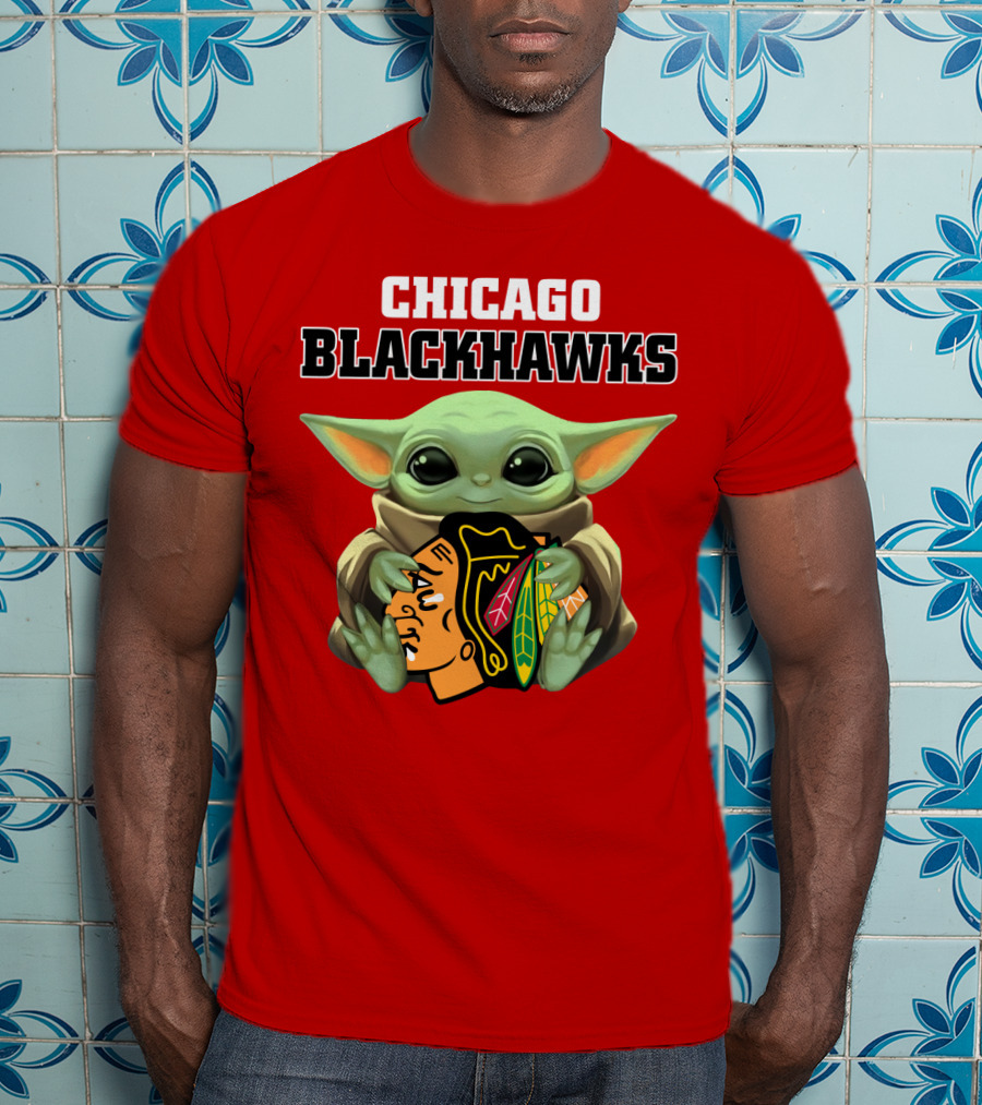 Chicago Blackhawks Baby Yoda Hugging Team T-Shirt