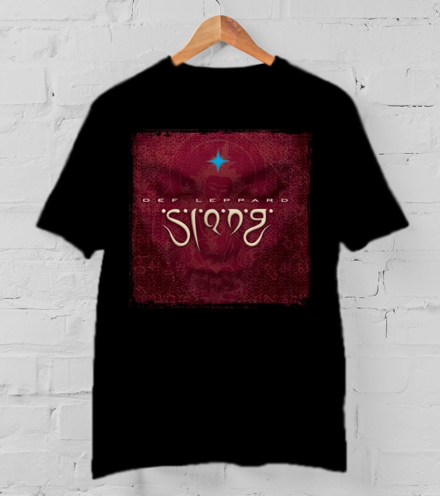 Def Leppard Slang Album Cover With Blue Star And Red Patterned Background T-Shirt
