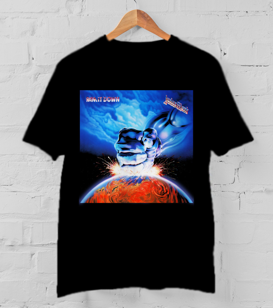 Judas Priest Ram It Down Album Cover Fiery Earth Fist Explosion T-Shirt