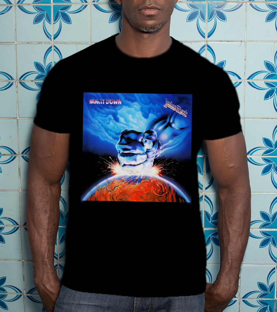 Judas Priest Ram It Down Album Cover Fiery Earth Fist Explosion T-Shirt