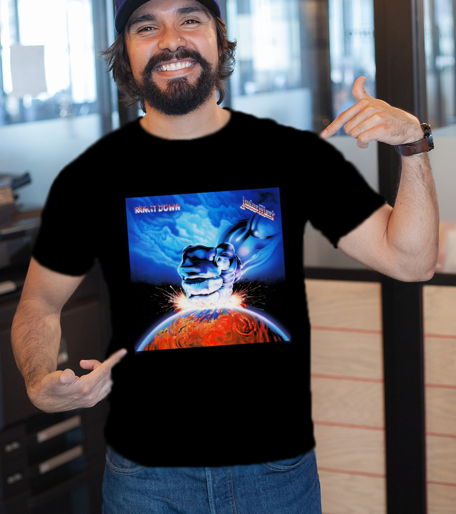 Judas Priest Ram It Down Album Cover Fiery Earth Fist Explosion T-Shirt