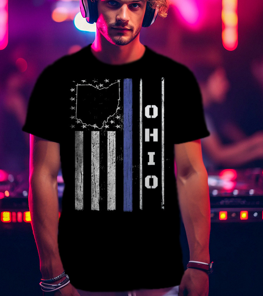 Ohio Thin Blue Line Flag With State Outline And Stars T-Shirt