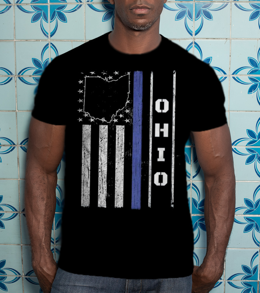 Ohio Thin Blue Line Flag With State Outline And Stars T-Shirt