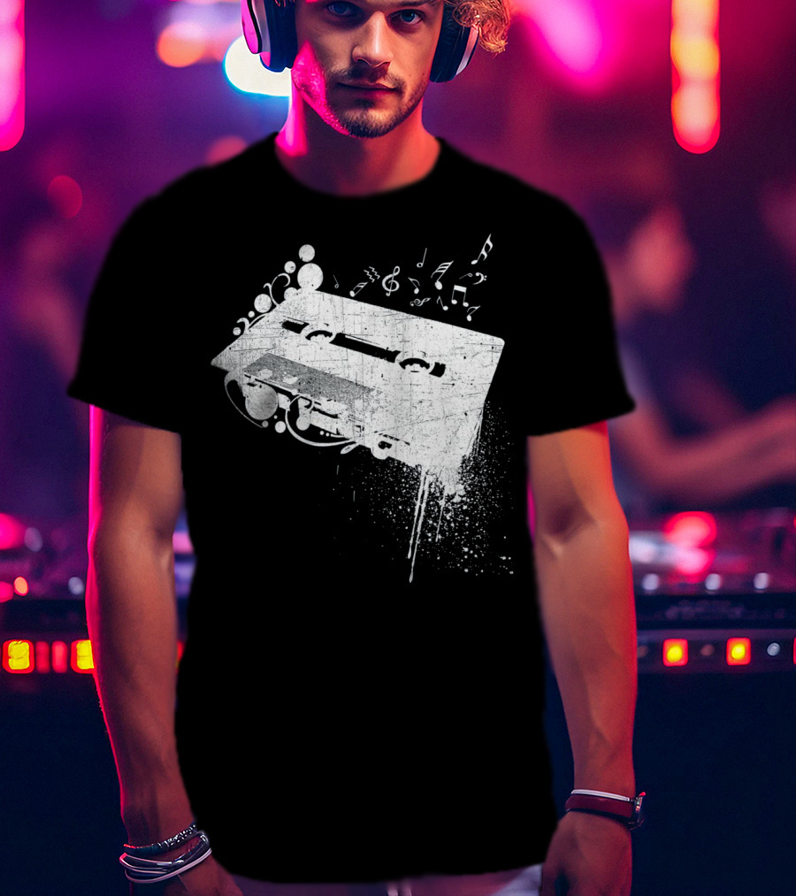 Old School 80s Cassette Tape With Musical Notes Grunge Hip Hop T-Shirt