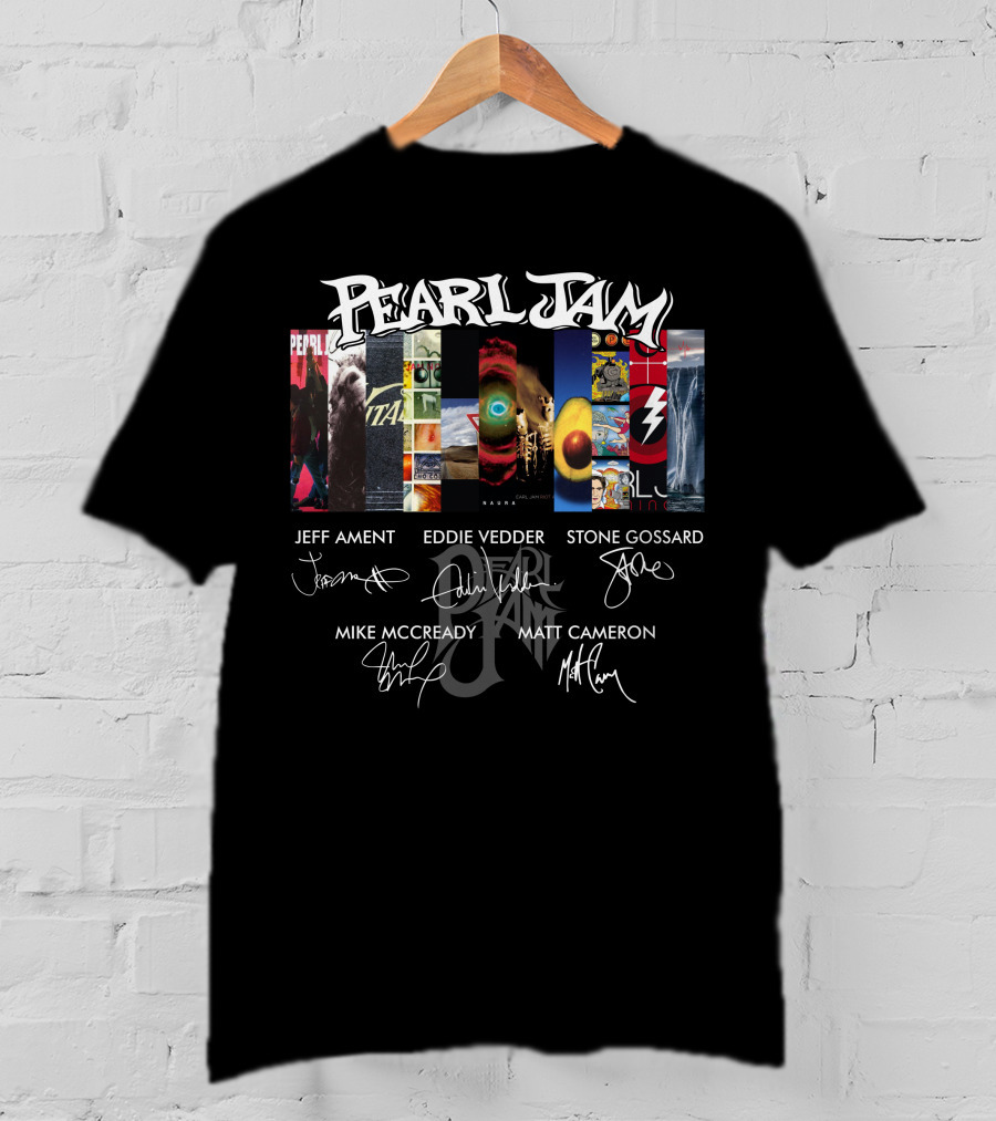 Pearl Jam Album Art Collage With Band Member Signatures T-Shirt