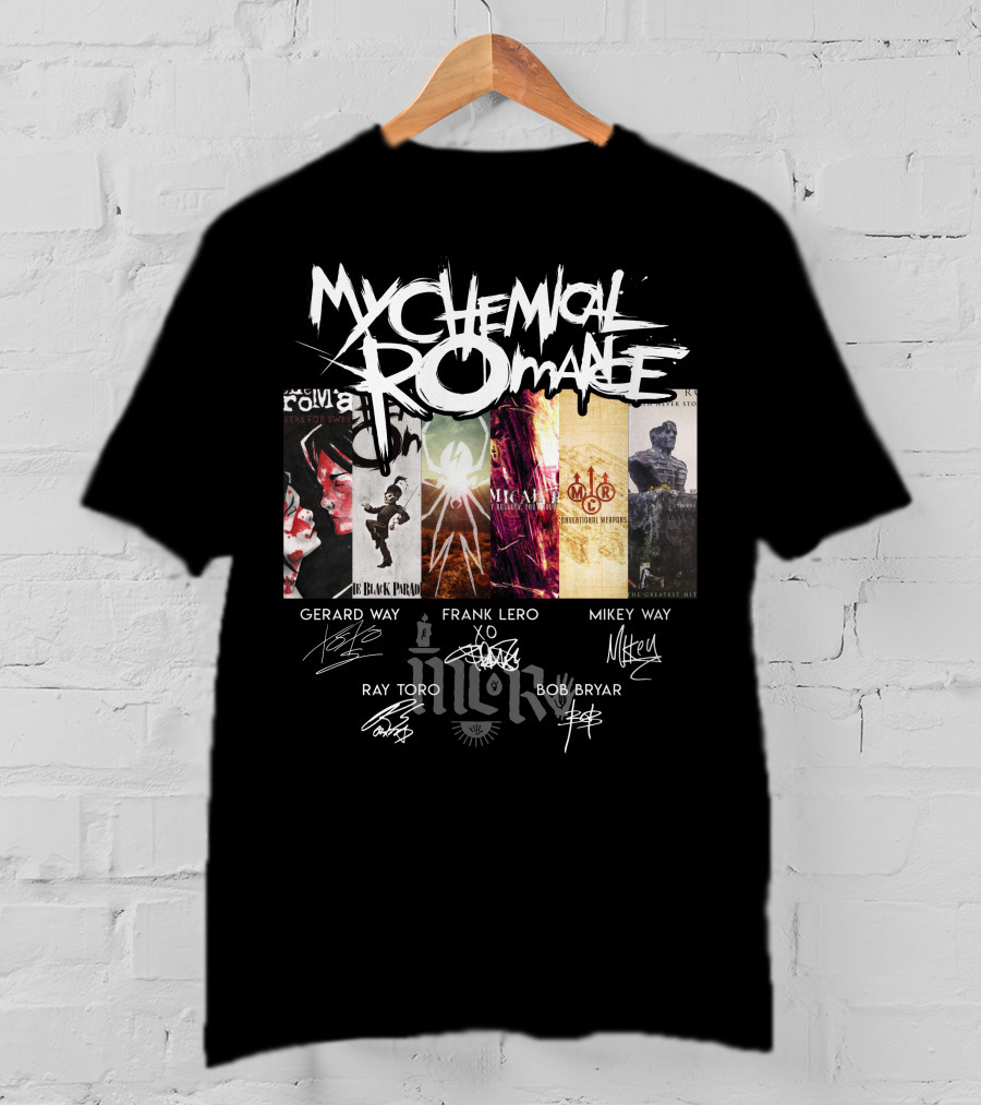 My Chemical Romance Album Collage Gerard Way Frank Iero Mikey Way Ray Toro Bob Bryar Signatures T-Shirt