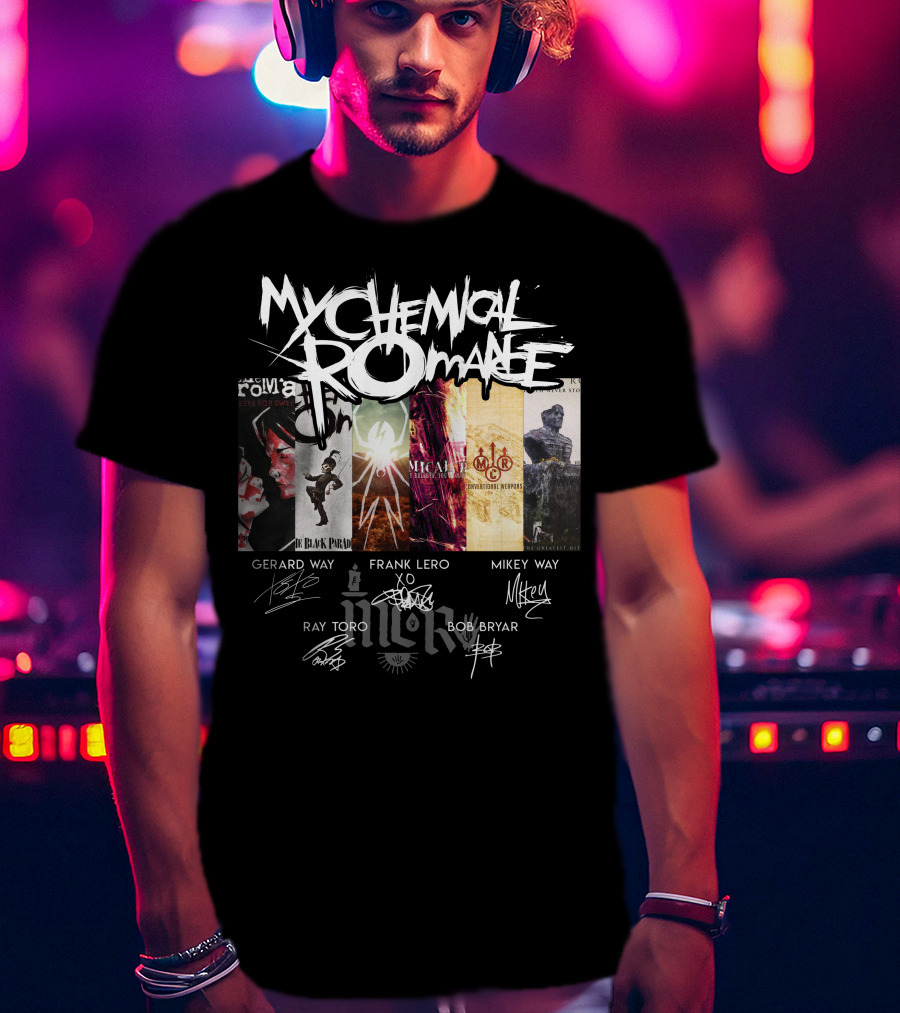 My Chemical Romance Album Collage Gerard Way Frank Iero Mikey Way Ray Toro Bob Bryar Signatures T-Shirt
