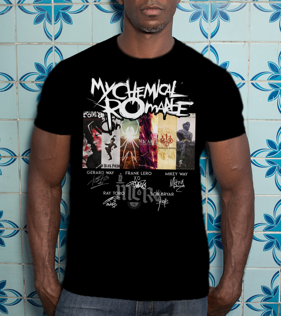 My Chemical Romance Album Collage Gerard Way Frank Iero Mikey Way Ray Toro Bob Bryar Signatures T-Shirt
