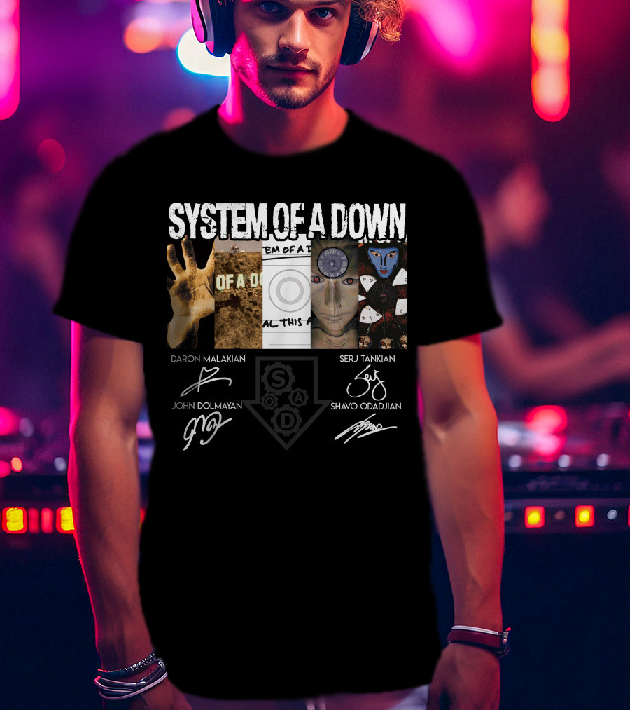 System Of A Down Album Signatures Daron Malakian Serj Tankian John Dolmayan Shavo Odadjian T-Shirt