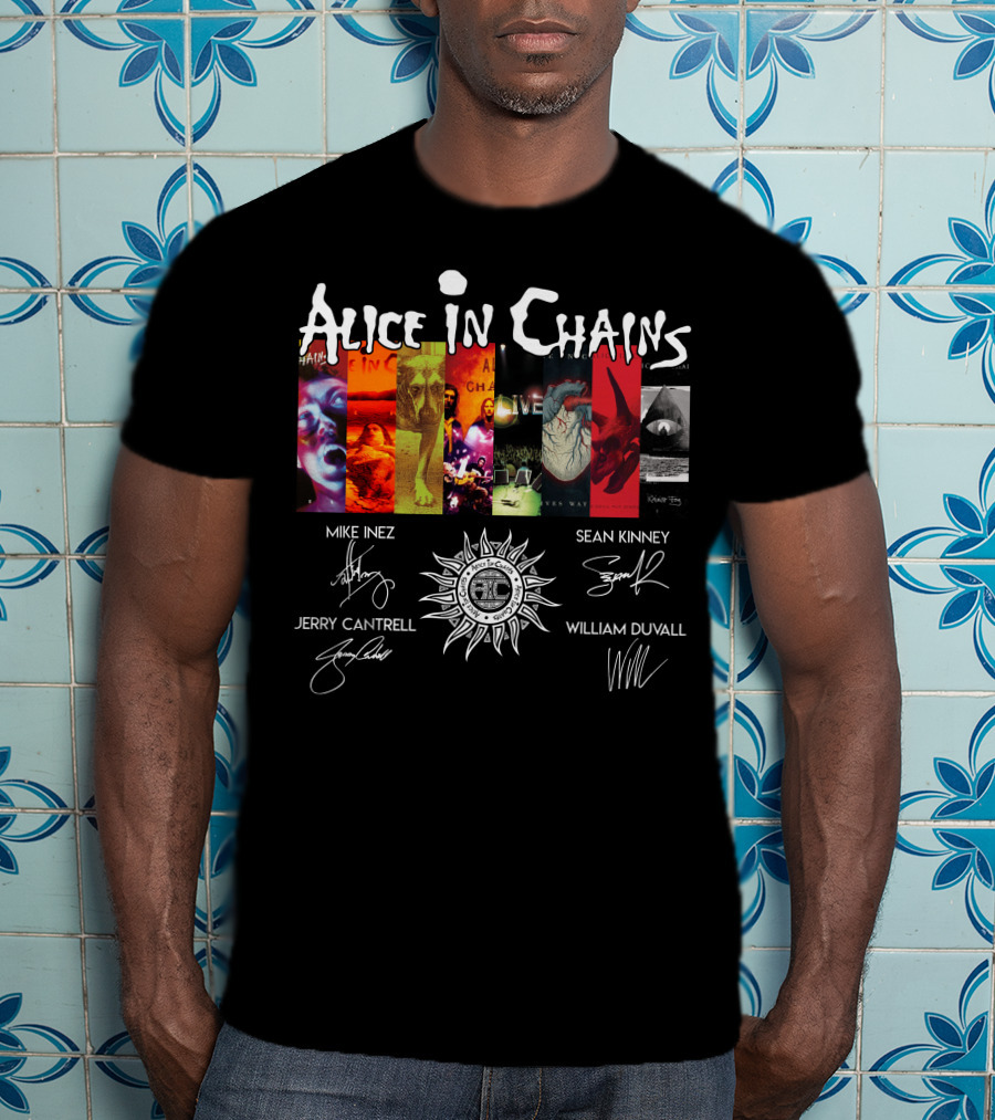 Alice In Chains Album Covers Signatures Mike Inez Sean Kinney Jerry Cantrell William Duvall T-Shirt