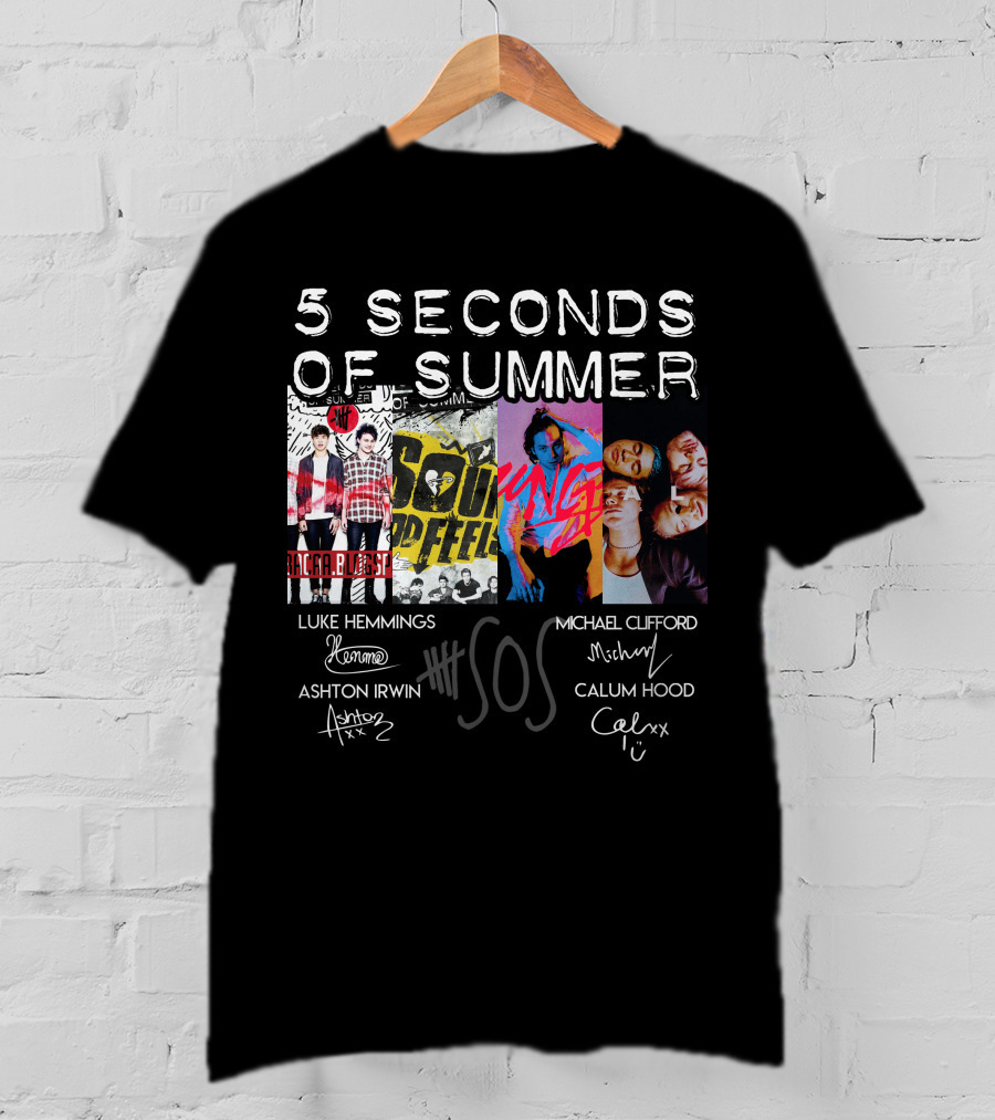 Seconds Of Summer 5Sos Luke Hemmings Michael Clifford Calum Hood Ashton Irwin Signed T-Shirt