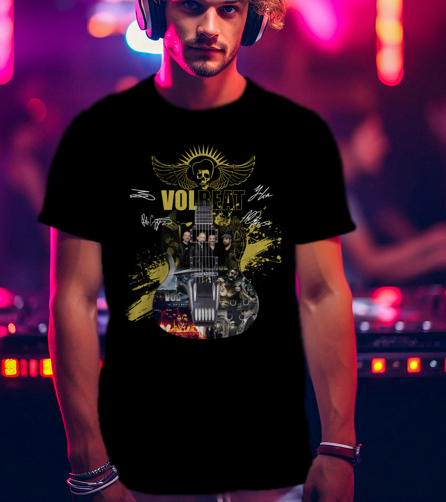 Volbeat Guitar Art With Band Members And Autographs T-Shirt