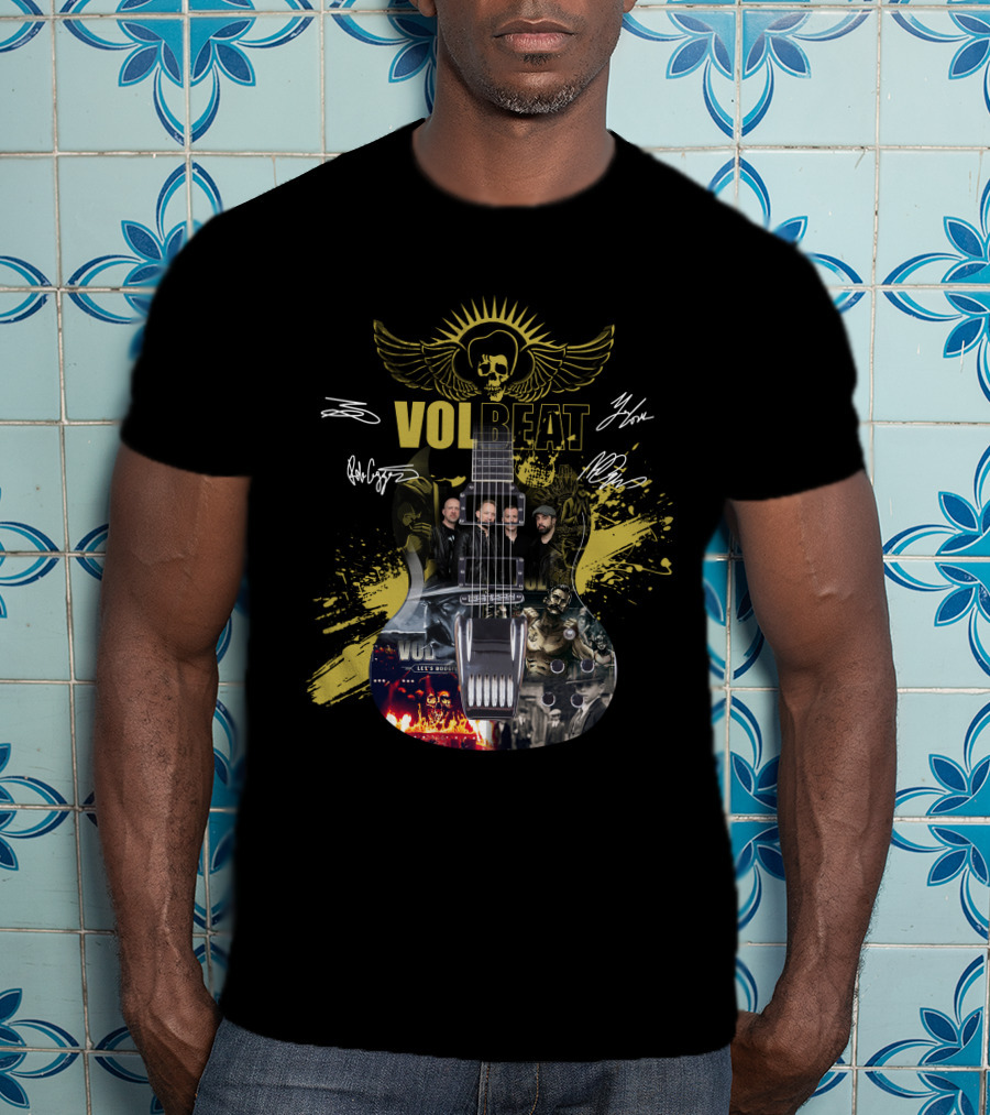 Volbeat Guitar Art With Band Members And Autographs T-Shirt