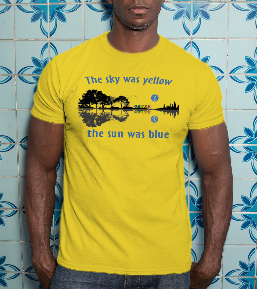 The Sky Was Yellow The Sun Was Blue Reflective Landscape And City Skyline T-Shirt
