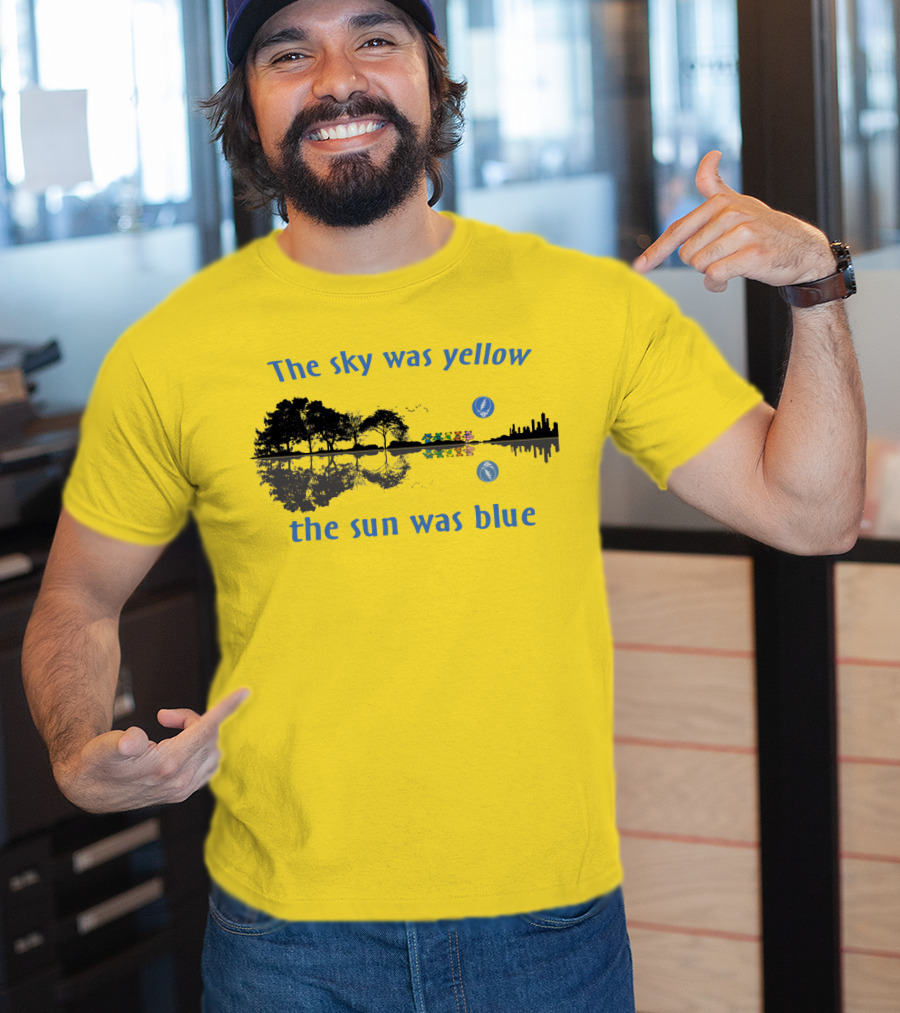The Sky Was Yellow The Sun Was Blue Reflective Landscape And City Skyline T-Shirt