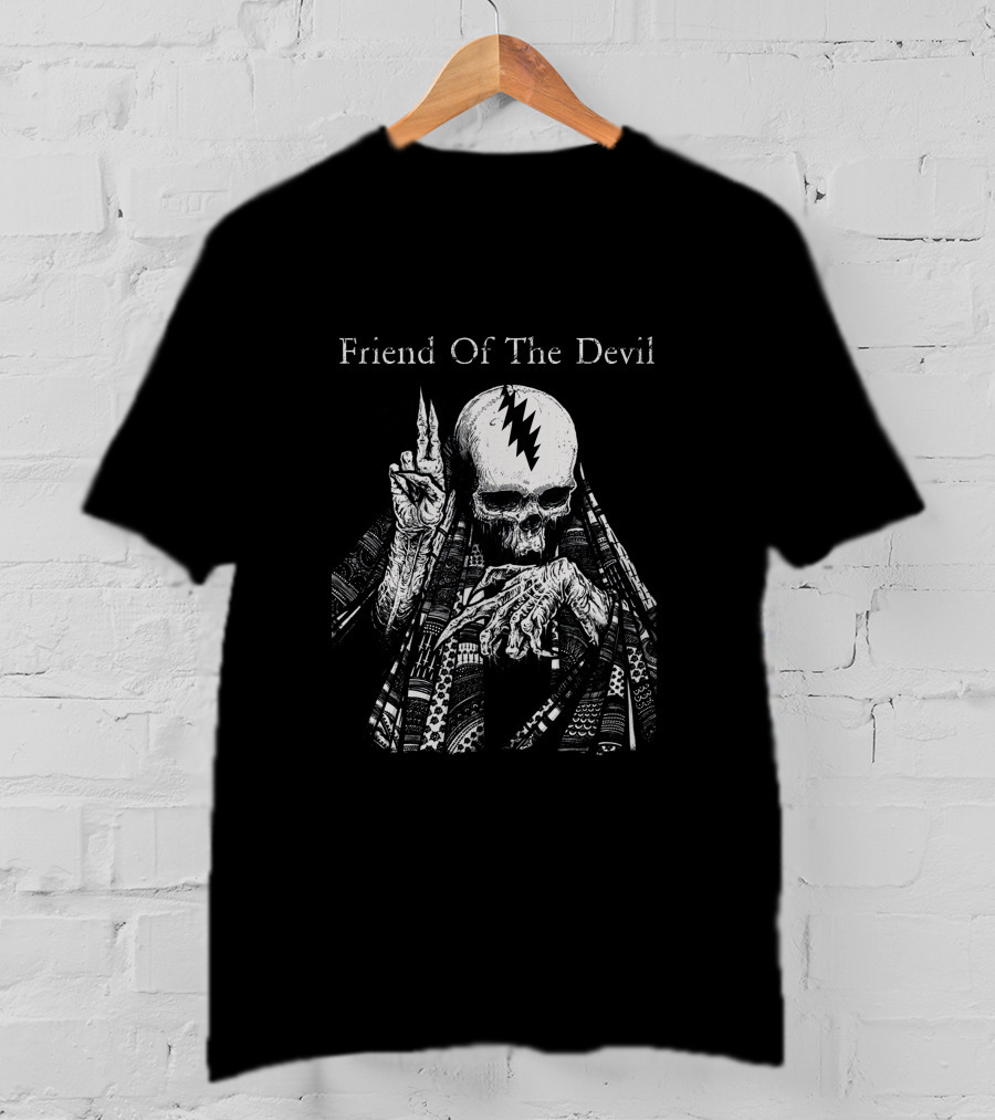 Friend Of The Devil Skeleton With Lightning Bolt Skull T-Shirt